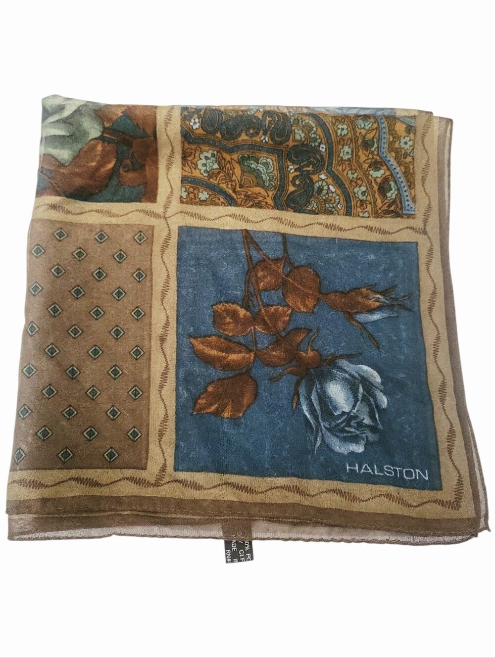 Vintage Halston Brown & Blue Floral Scarf Square